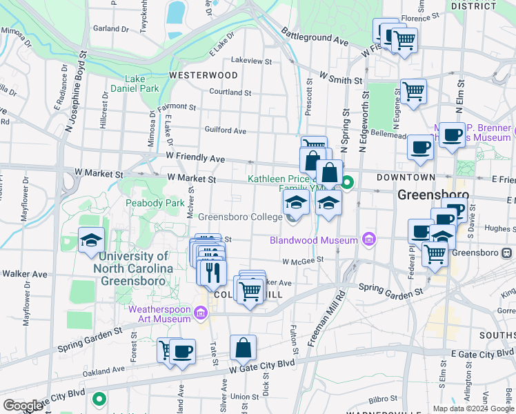 map of restaurants, bars, coffee shops, grocery stores, and more near 115 South Mendenhall Street in Greensboro