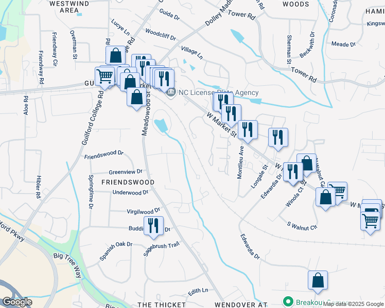 map of restaurants, bars, coffee shops, grocery stores, and more near 5510 Richland Street in Greensboro