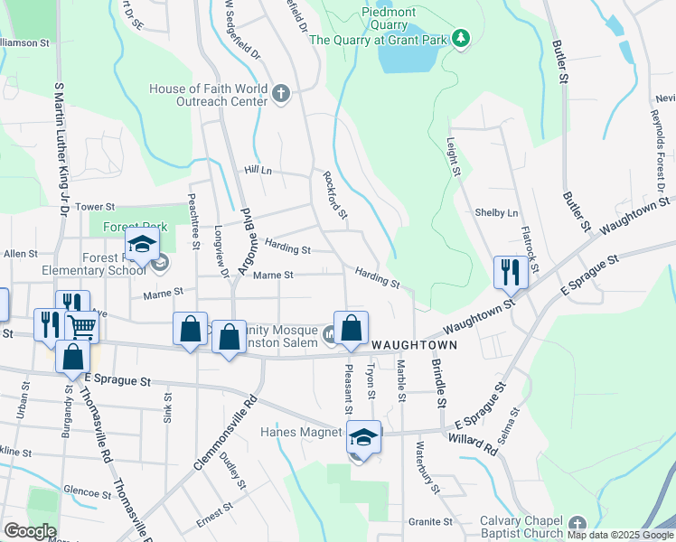map of restaurants, bars, coffee shops, grocery stores, and more near 1782 Pleasant Street in Winston-Salem