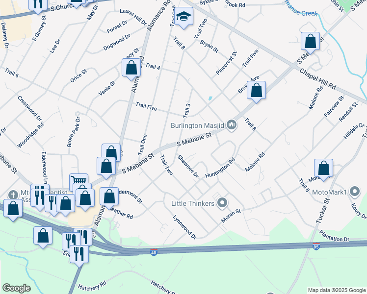 map of restaurants, bars, coffee shops, grocery stores, and more near 2022 South Mebane Street in Burlington