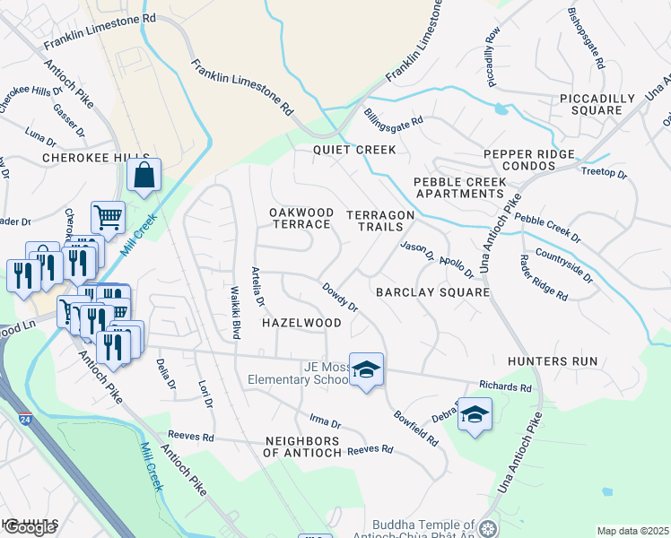 map of restaurants, bars, coffee shops, grocery stores, and more near 4608 Xavier Drive in Nashville