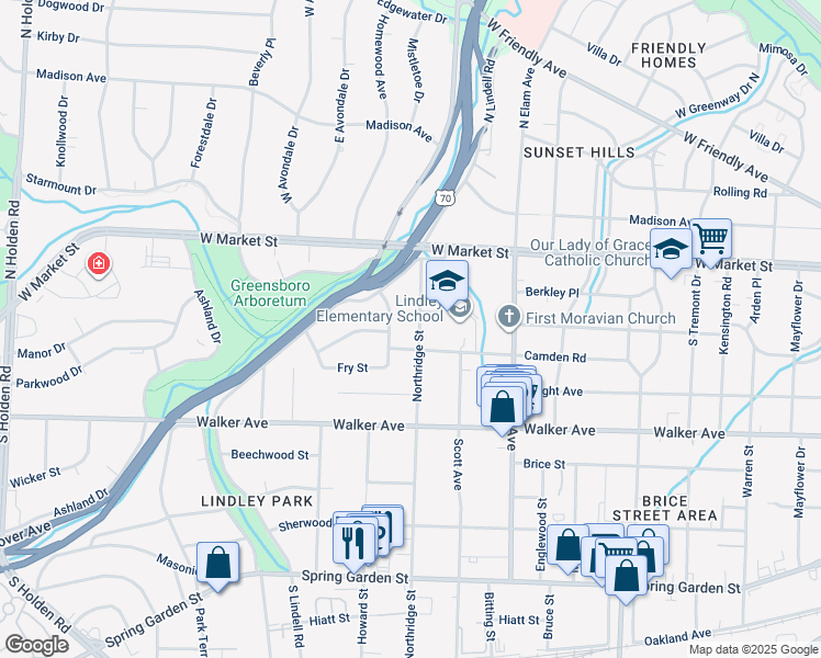 map of restaurants, bars, coffee shops, grocery stores, and more near 134 Northridge Street in Greensboro