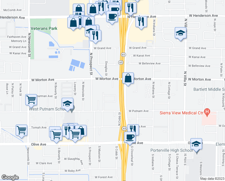 map of restaurants, bars, coffee shops, grocery stores, and more near 331 North Capitola Court in Porterville