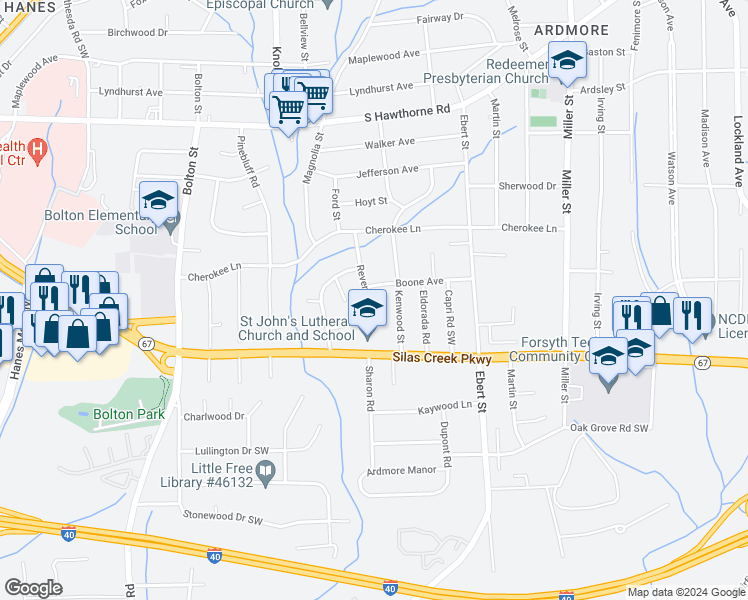 map of restaurants, bars, coffee shops, grocery stores, and more near 1405 Revere Road in Winston-Salem