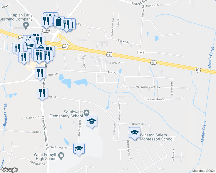 map of restaurants, bars, coffee shops, grocery stores, and more near 5720 Southwest Acres Drive in Clemmons