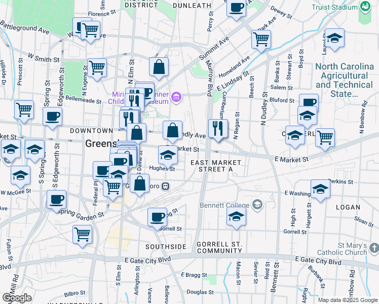 map of restaurants, bars, coffee shops, grocery stores, and more near 410 East Market Street in Greensboro