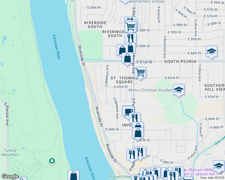 map of restaurants, bars, coffee shops, grocery stores, and more near 6308 South Newport Avenue in Tulsa
