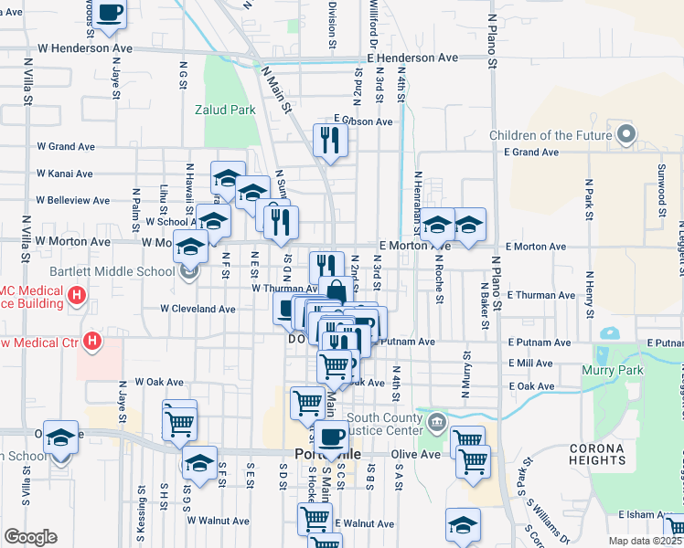 map of restaurants, bars, coffee shops, grocery stores, and more near 334 North Main Street in Porterville