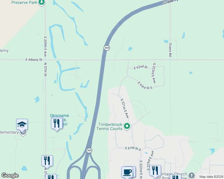 map of restaurants, bars, coffee shops, grocery stores, and more near 6405 South 221st East Avenue in Broken Arrow