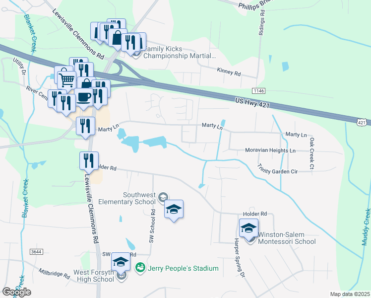 map of restaurants, bars, coffee shops, grocery stores, and more near 6008 Southcrest Drive in Clemmons