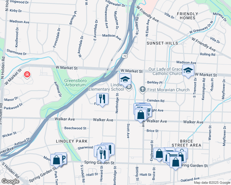 map of restaurants, bars, coffee shops, grocery stores, and more near 134 Northridge Street in Greensboro