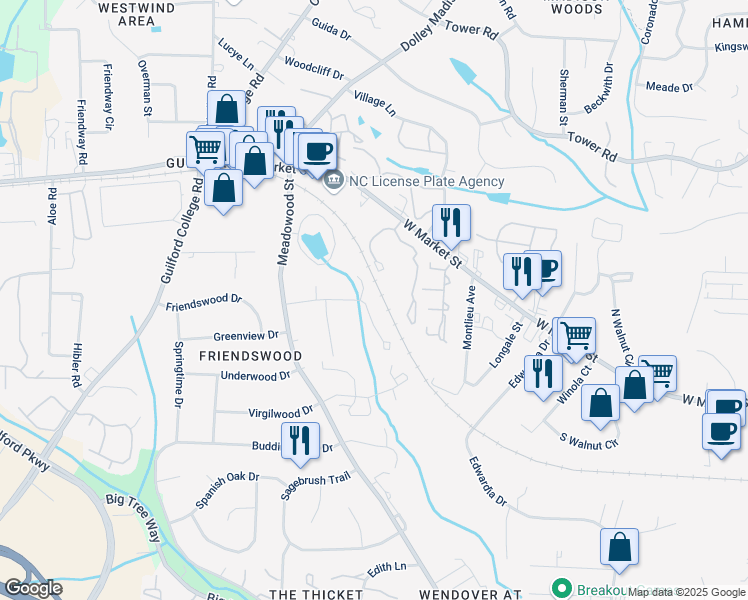 map of restaurants, bars, coffee shops, grocery stores, and more near 5510 Richland Street in Greensboro