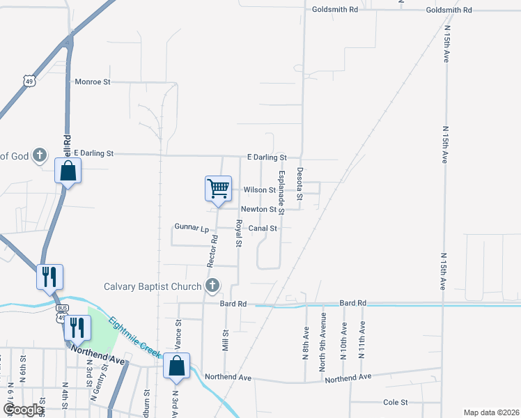map of restaurants, bars, coffee shops, grocery stores, and more near 601 Newton Street in Paragould