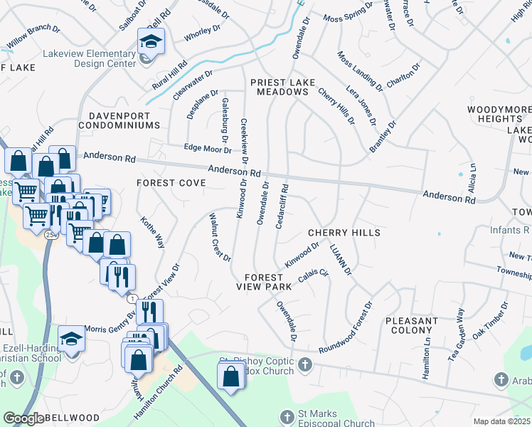 map of restaurants, bars, coffee shops, grocery stores, and more near 2932 Owendale Drive in Nashville
