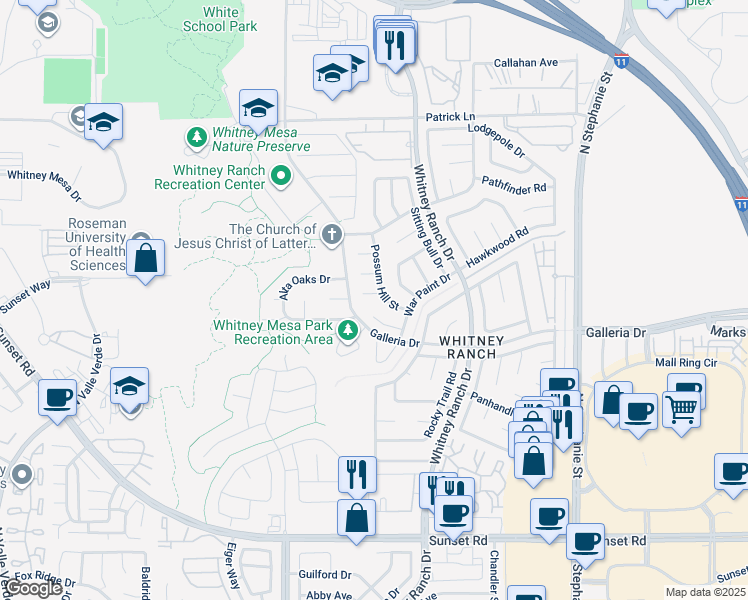 map of restaurants, bars, coffee shops, grocery stores, and more near 1533 Pony Ranch Circle in Henderson