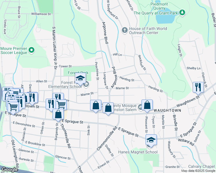 map of restaurants, bars, coffee shops, grocery stores, and more near 1743 Longview Drive in Winston-Salem
