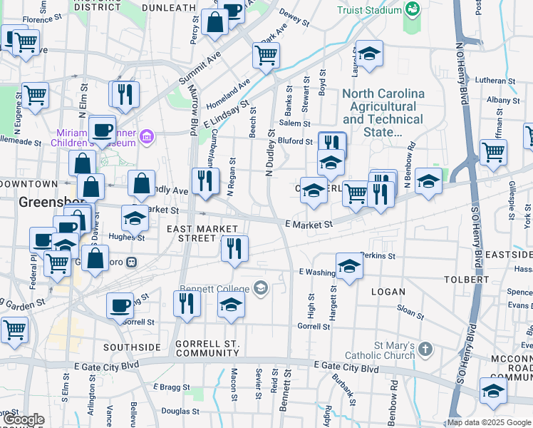 map of restaurants, bars, coffee shops, grocery stores, and more near 909 East Market Street in Greensboro