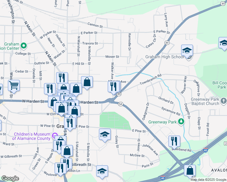 map of restaurants, bars, coffee shops, grocery stores, and more near 211 Walker Avenue in Graham