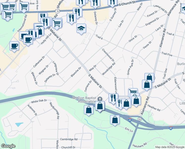 map of restaurants, bars, coffee shops, grocery stores, and more near 3107 South Mebane Street in Burlington