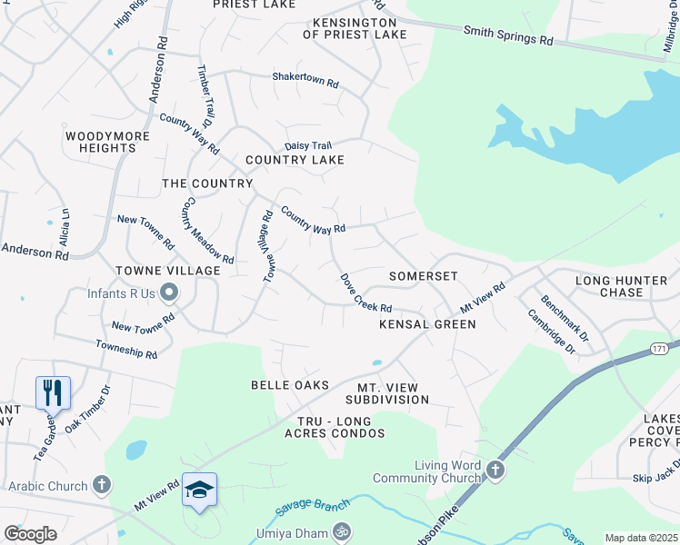 map of restaurants, bars, coffee shops, grocery stores, and more near 3528 Dove Creek Road in Nashville