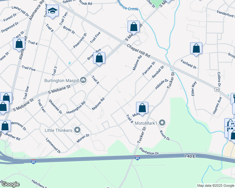 map of restaurants, bars, coffee shops, grocery stores, and more near 1916 Malone Road in Burlington