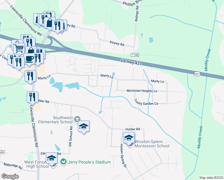 map of restaurants, bars, coffee shops, grocery stores, and more near 5565 Moravian Heights Ln in Clemmons