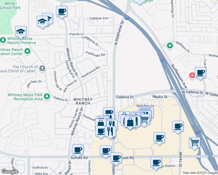 map of restaurants, bars, coffee shops, grocery stores, and more near 855 North Stephanie Street in Henderson