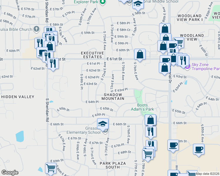 map of restaurants, bars, coffee shops, grocery stores, and more near 6316 South 73rd East Avenue in Tulsa