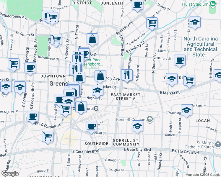 map of restaurants, bars, coffee shops, grocery stores, and more near 410 East Market Street in Greensboro