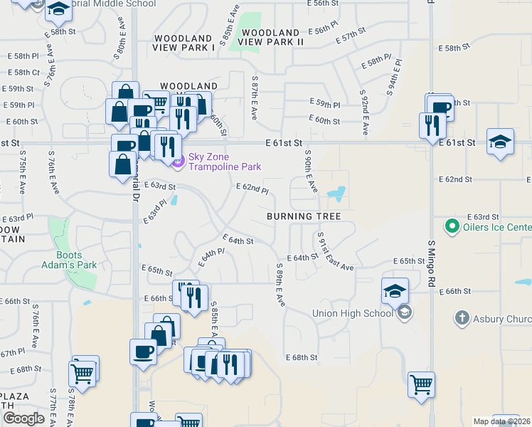 map of restaurants, bars, coffee shops, grocery stores, and more near 8820 East 62nd Court in Tulsa