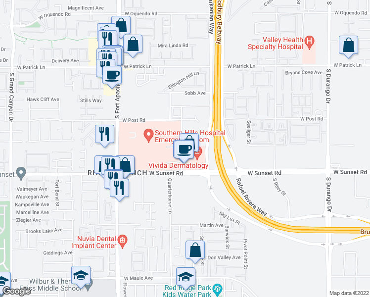 map of restaurants, bars, coffee shops, grocery stores, and more near 6410 Medical Center Street in Las Vegas