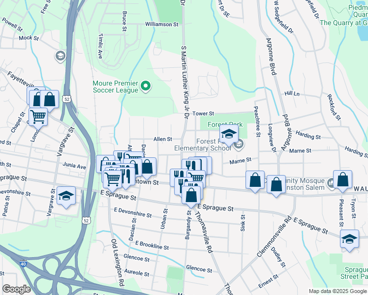 map of restaurants, bars, coffee shops, grocery stores, and more near 1923 South Martin Luther King Junior Drive in Winston-Salem