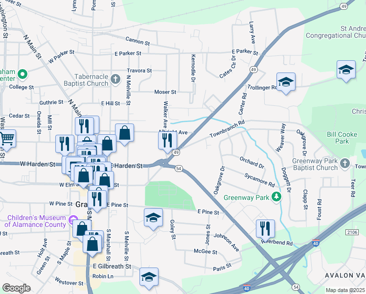 map of restaurants, bars, coffee shops, grocery stores, and more near Town Branch Road in Graham