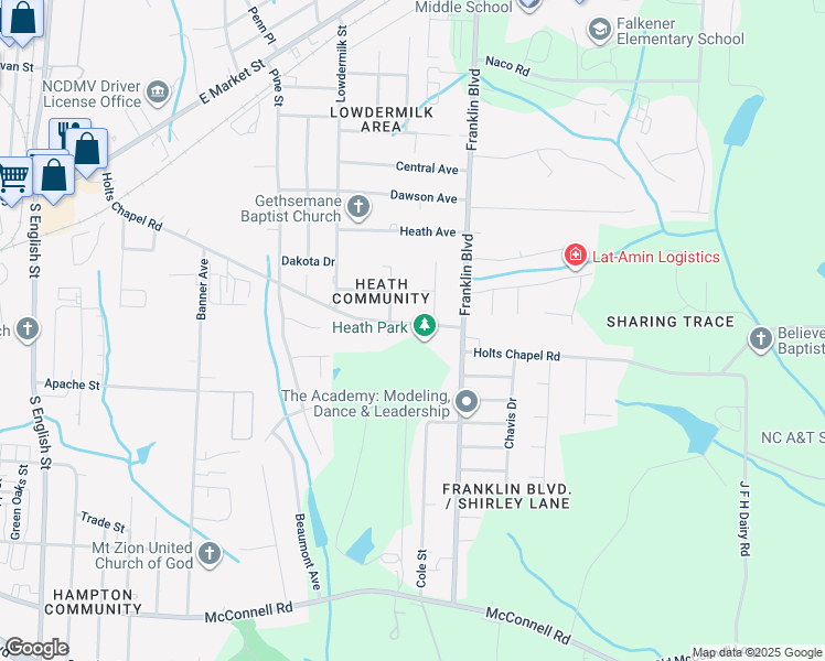 map of restaurants, bars, coffee shops, grocery stores, and more near 3804 Holts Chapel Road in Greensboro