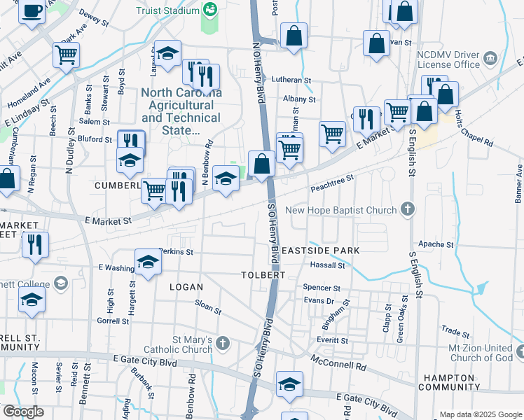 map of restaurants, bars, coffee shops, grocery stores, and more near 401 South Booker Street in Greensboro