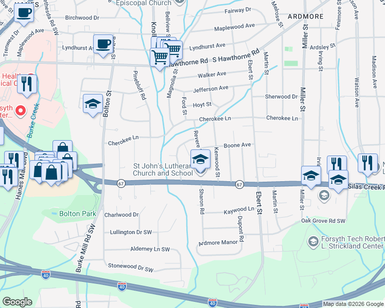 map of restaurants, bars, coffee shops, grocery stores, and more near 1317 Barrow Court in Winston-Salem