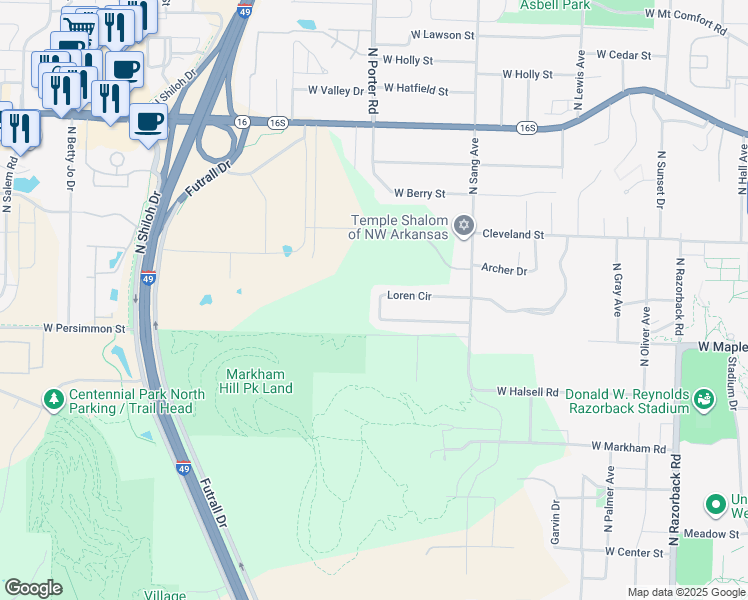 map of restaurants, bars, coffee shops, grocery stores, and more near 2124 Loren Circle in Fayetteville
