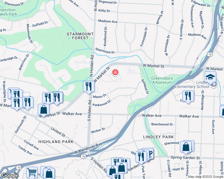 map of restaurants, bars, coffee shops, grocery stores, and more near 3722 Manor Drive in Greensboro