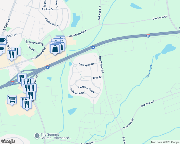 map of restaurants, bars, coffee shops, grocery stores, and more near 1007 Collington Drive in Mebane