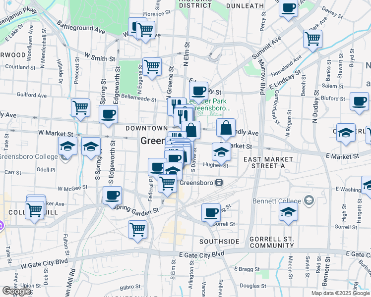 map of restaurants, bars, coffee shops, grocery stores, and more near 112 East Market Street in Greensboro