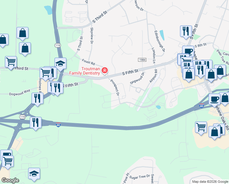 map of restaurants, bars, coffee shops, grocery stores, and more near 1224 Prospect Drive in Mebane