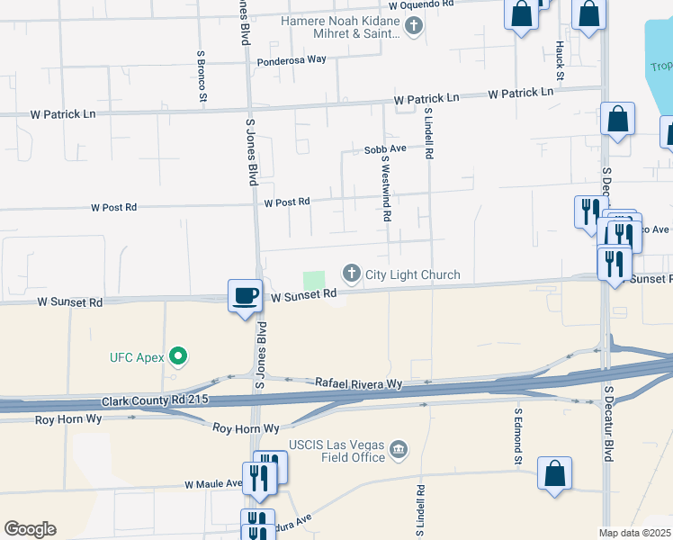 map of restaurants, bars, coffee shops, grocery stores, and more near 5840 W Sunset Rd in Las Vegas