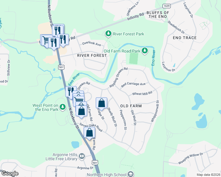 map of restaurants, bars, coffee shops, grocery stores, and more near 5705 Old Well Street in Durham