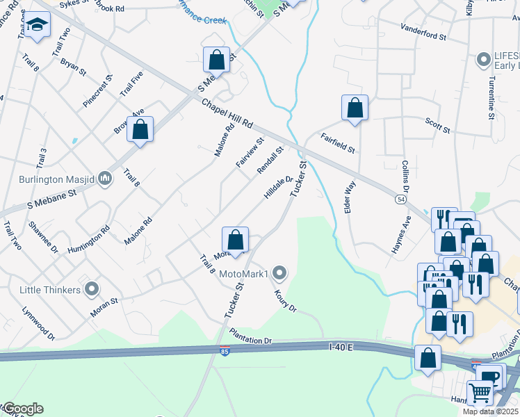 map of restaurants, bars, coffee shops, grocery stores, and more near 1937 Hilldale Drive in Burlington
