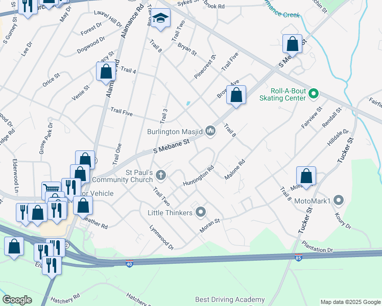 map of restaurants, bars, coffee shops, grocery stores, and more near 2012 South Mebane Street in Burlington