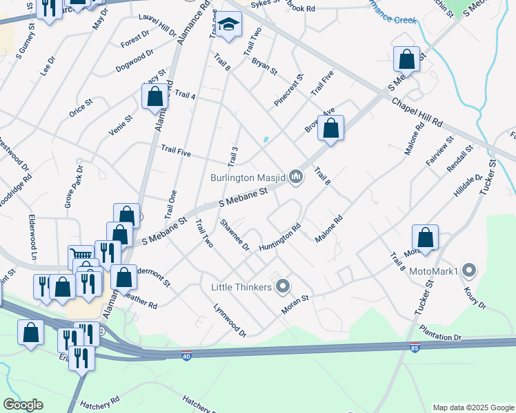 map of restaurants, bars, coffee shops, grocery stores, and more near 2016 South Mebane Street in Burlington