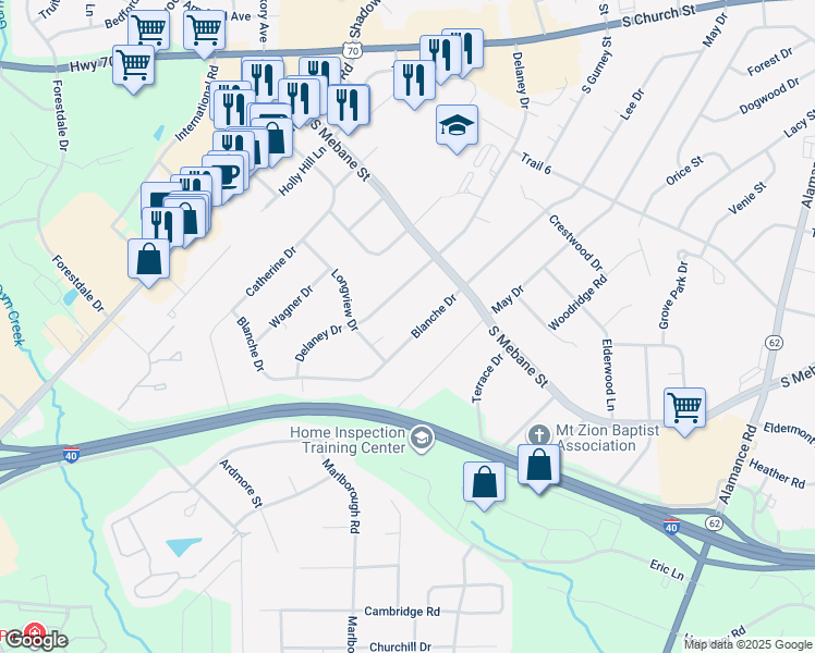 map of restaurants, bars, coffee shops, grocery stores, and more near 2727 Blanche Drive in Burlington