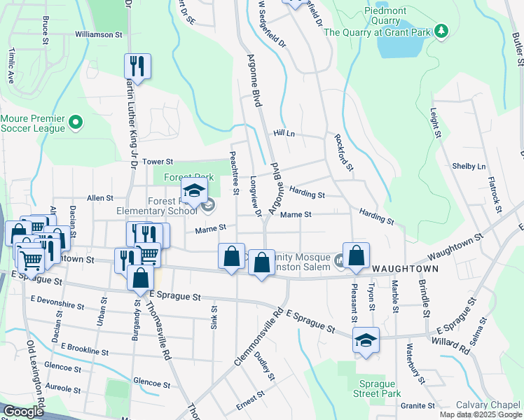 map of restaurants, bars, coffee shops, grocery stores, and more near 1743 Longview Drive in Winston-Salem