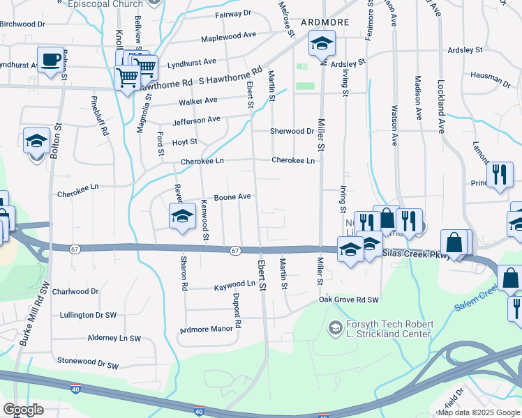 map of restaurants, bars, coffee shops, grocery stores, and more near 1425 Ebert Street in Winston-Salem