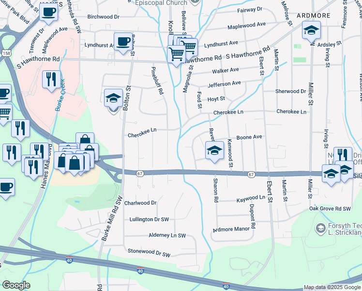 map of restaurants, bars, coffee shops, grocery stores, and more near Boone Avenue in Winston-Salem